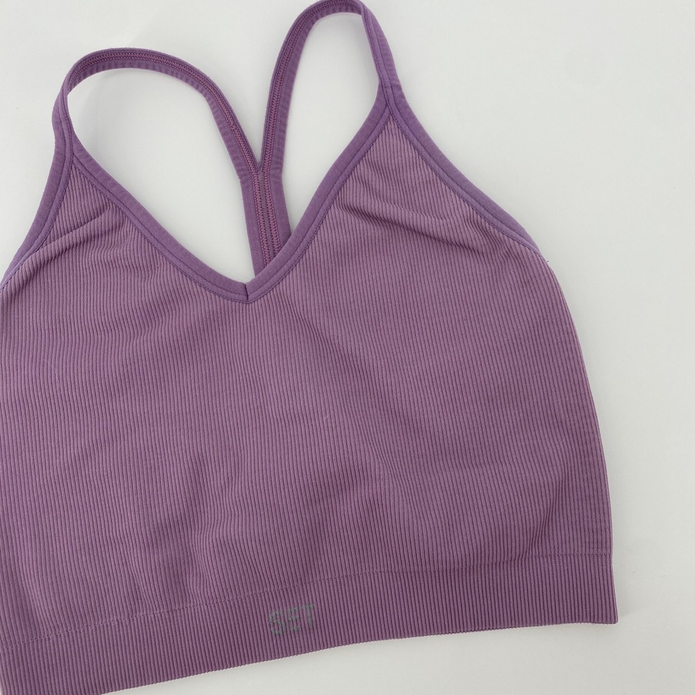 Set Active Bra Women Small Purple Ribbed Seamless V-Neck Racerback